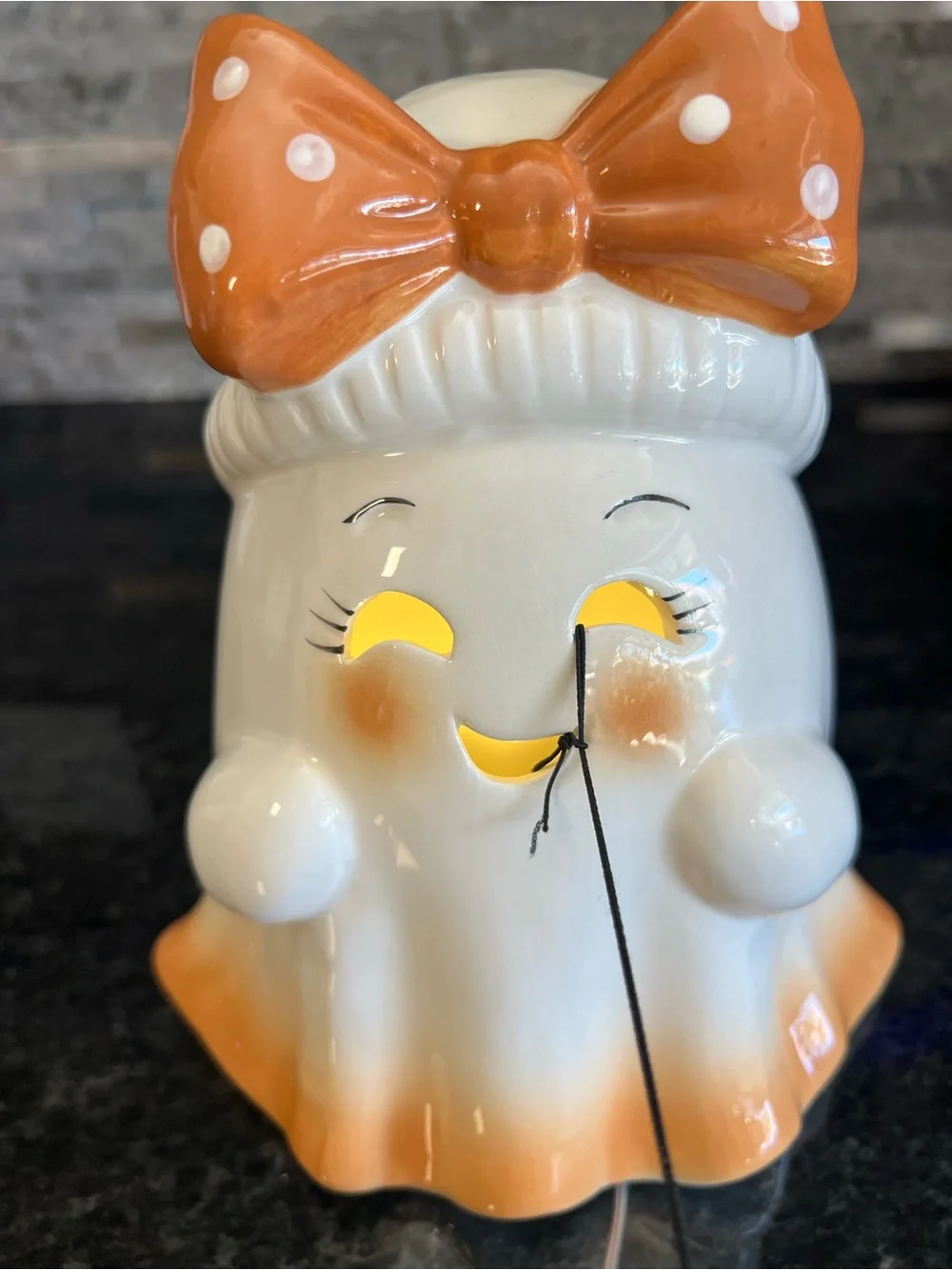 SO CUTE!!! Ceramic SMORES GIRL GHOST With Polka Dot Bow, LED LIGHT UP